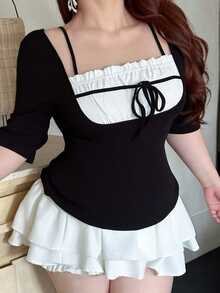 REIGN AVE Plus Size 2 In 1 Splicing Contrast Color Pleated Drawstring Tie Waist Slim Casual Versatile Black Short Sleeve T-Shirt Cute Tops Summer - Black - View 2