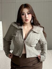 REIGN AVE Elastic Fitted Ribbed Patchwork Fur Collar Zip-Up Cropped Long Sleeve T-Shirt - Light Grey - View 6