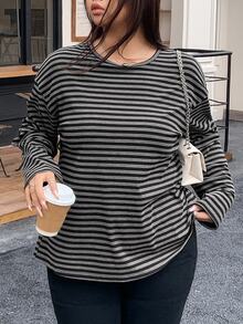 REIGN AVE Plus Size Striped Loose Fit Crew Neck Long Sleeve Street Style Pullover Sweatshirt For Women Fall/Winter - Black - View 6
