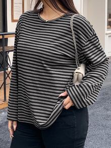 REIGN AVE Plus Size Striped Loose Fit Crew Neck Long Sleeve Street Style Pullover Sweatshirt For Women Fall/Winter - Black - View 5