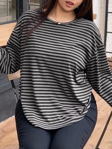 REIGN AVE Plus Size Striped Loose Fit Crew Neck Long Sleeve Street Style Pullover Sweatshirt For Women Fall/Winter - Black - View 1