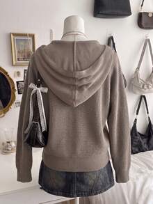 Lalippa Women's Vintage Embroidered Zipper Long Sleeve Hooded Knit Cardigan - Coffee Brown - View 2