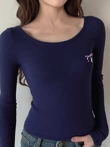 SHEIN Tween Girls Ribbed Crew Neck Elastic Slim Fit All-Match Versatile Bow Navy Blue Minimalist Long Sleeve T-Shirt, Comfortable For Autumn/Winter, Daily Wear, School, Versatile Style - Navy Blue - View 6