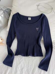 SHEIN Tween Girls Ribbed Crew Neck Elastic Slim Fit All-Match Versatile Bow Navy Blue Minimalist Long Sleeve T-Shirt, Comfortable For Autumn/Winter, Daily Wear, School, Versatile Style - Navy Blue - View 1