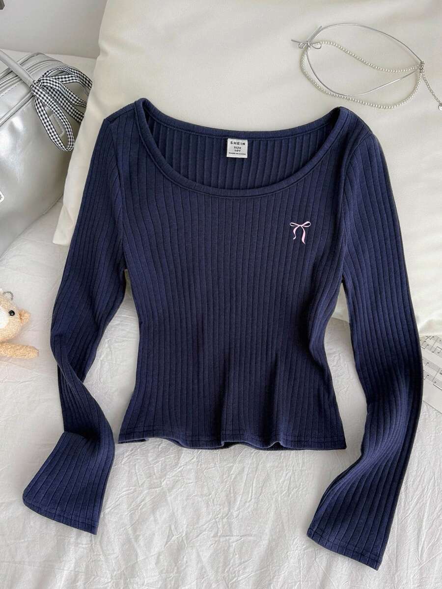 SHEIN Tween Girls Ribbed Crew Neck Elastic Slim Fit All-Match Versatile Bow Navy Blue Minimalist Long Sleeve T-Shirt, Comfortable For Autumn/Winter, Daily Wear, School, Versatile Style - Navy Blue - View 1