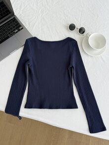 SHEIN Tween Girls Ribbed Crew Neck Elastic Slim Fit All-Match Versatile Bow Navy Blue Minimalist Long Sleeve T-Shirt, Comfortable For Autumn/Winter, Daily Wear, School, Versatile Style - Navy Blue - View 2