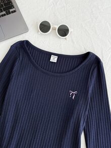 SHEIN Tween Girls Ribbed Crew Neck Elastic Slim Fit All-Match Versatile Bow Navy Blue Minimalist Long Sleeve T-Shirt, Comfortable For Autumn/Winter, Daily Wear, School, Versatile Style - Navy Blue - View 3