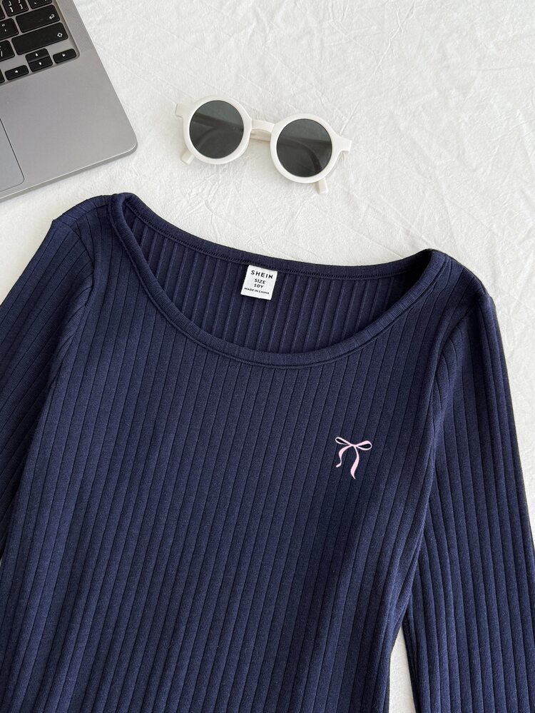 SHEIN Tween Girls Ribbed Crew Neck Elastic Slim Fit All-Match Versatile Bow Navy Blue Minimalist Long Sleeve T-Shirt, Comfortable For Autumn/Winter, Daily Wear, School, Versatile Style - Navy Blue - View 3