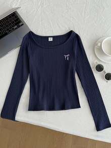 SHEIN Tween Girls Ribbed Crew Neck Elastic Slim Fit All-Match Versatile Bow Navy Blue Minimalist Long Sleeve T-Shirt, Comfortable For Autumn/Winter, Daily Wear, School, Versatile Style - Navy Blue - View 5