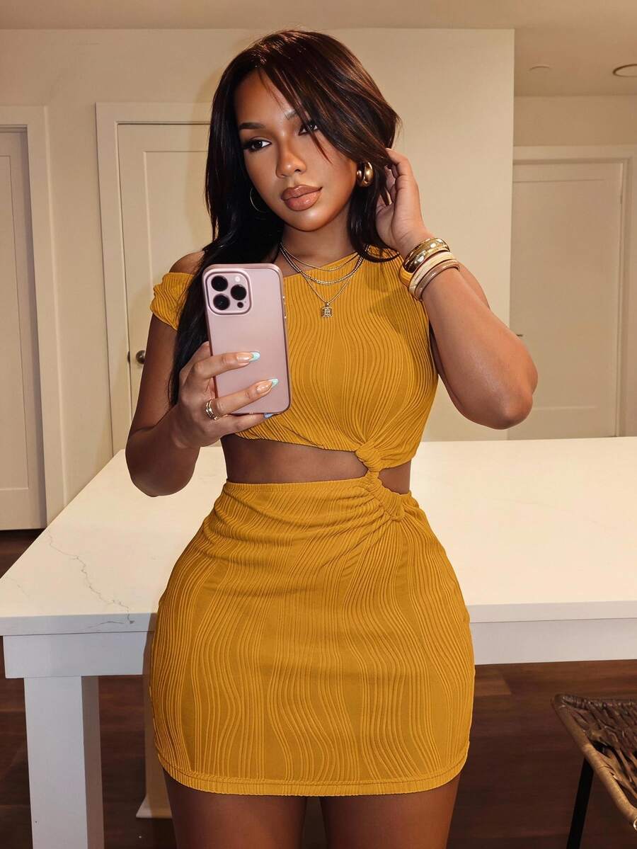 Slaydiva Elegant Textured One Shoulder Twisted Waist Solid White Mini Dress Yellow