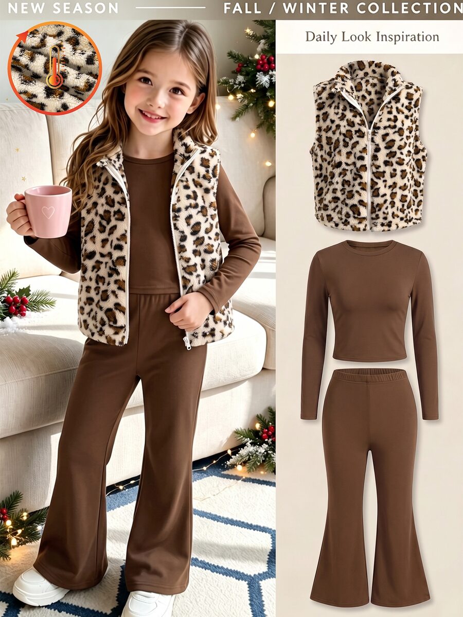 SHEIN Vintaside Kids 少女 3 件套米色棕色毛絨背心長袖上衣與喇叭褲套裝 秋冬服飾 校園度假可愛風 - 棕色 - 查看 1