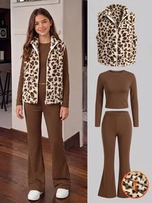 SHEIN Vintaside Kids 少女 3 件套米色棕色毛絨背心長袖上衣與喇叭褲套裝 秋冬服飾 校園度假可愛風 - 棕色 - 查看 6
