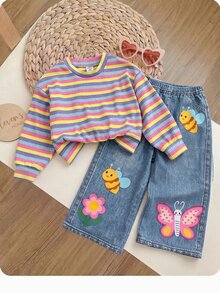 SHEIN Baby Girl Casual Cute Knitted Striped Cartoon Pattern Sweatshirt & Elastic Waist Long Autumn Pants Set - Multicolor - View 5