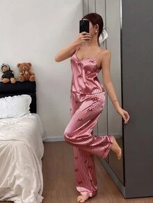 Dream Adore 蝴蝶结条纹印花仿丝吊带背心和裤子女士睡衣套装 - 酒紅色 - 查看 2