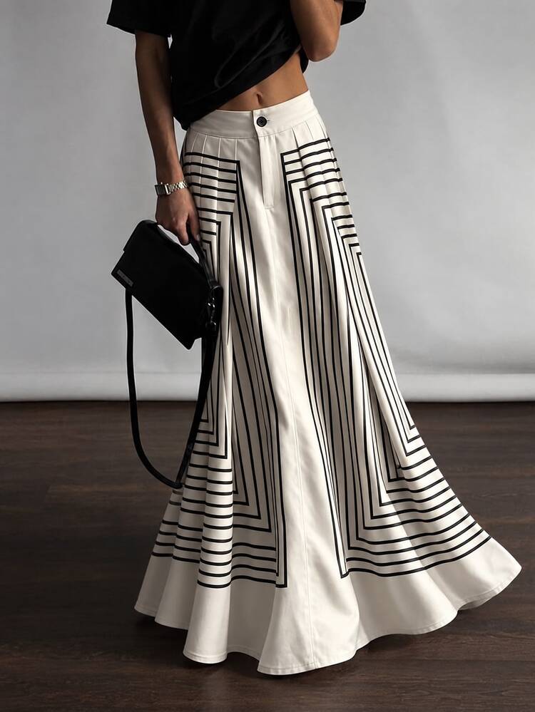 Trelyra Women's Geometric Pattern Pleated Casual Multi-Functional Daily Wear Maxi Skirt - Multicolor - View 1