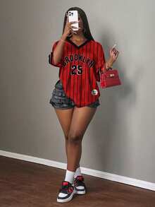 Slaydiva Casual Minimalist Letter & Number Print Women T-Shirt, Suitable For Summer - Red - View 6