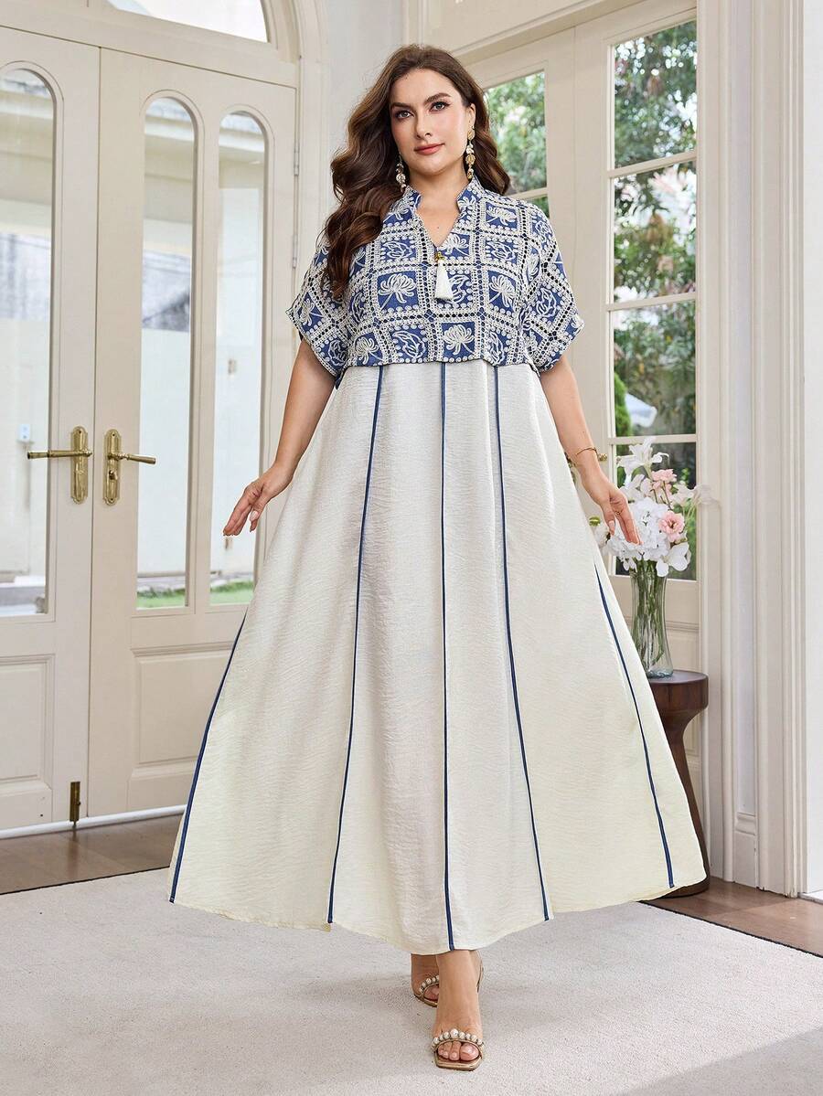 Al Najma Blue Long Cardigan With Contrast Color Crochet Embroidery, Plus Size Turkish Traditional Long Dress, Loose Batwing Sleeve Versatile Elegant Maxi Dress - Blue - View 1