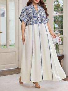 Al Najma Blue Long Cardigan With Contrast Color Crochet Embroidery, Plus Size Turkish Traditional Long Dress, Loose Batwing Sleeve Versatile Elegant Maxi Dress - Blue - View 7