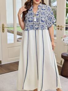 Al Najma Blue Long Cardigan With Contrast Color Crochet Embroidery, Plus Size Turkish Traditional Long Dress, Loose Batwing Sleeve Versatile Elegant Maxi Dress - Blue - View 6