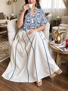 Al Najma Blue Long Cardigan With Contrast Color Crochet Embroidery, Plus Size Turkish Traditional Long Dress, Loose Batwing Sleeve Versatile Elegant Maxi Dress - Blue - View 3