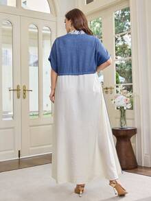 Al Najma Blue Long Cardigan With Contrast Color Crochet Embroidery, Plus Size Turkish Traditional Long Dress, Loose Batwing Sleeve Versatile Elegant Maxi Dress - Blue - View 2