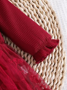 SHEIN 2件組新生兒春秋款酒紅色甜美公主風蝴蝶結蕾絲網紗拼接長袖洋裝附髮帶套裝，寬鬆舒適版型，適合日常外出、滿月宴、1歲生日派對、節日聚會、拍照拍攝 - 酒紅色 - 查看 5