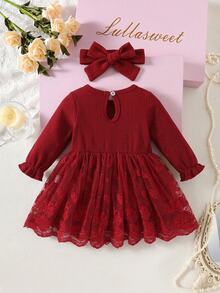 SHEIN 2件組新生兒春秋款酒紅色甜美公主風蝴蝶結蕾絲網紗拼接長袖洋裝附髮帶套裝，寬鬆舒適版型，適合日常外出、滿月宴、1歲生日派對、節日聚會、拍照拍攝 - 酒紅色 - 查看 3