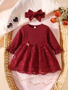 SHEIN 2件組新生兒春秋款酒紅色甜美公主風蝴蝶結蕾絲網紗拼接長袖洋裝附髮帶套裝，寬鬆舒適版型，適合日常外出、滿月宴、1歲生日派對、節日聚會、拍照拍攝 - 酒紅色 - 查看 8