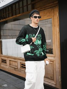 Claim Dot Men's Crew Neck Long Sleeve Letter Pattern Casual Knitted Sweater - Black - View 6