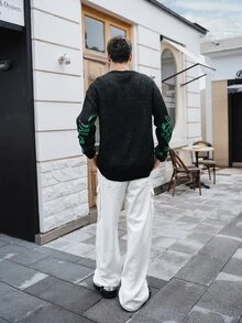 Claim Dot Men's Crew Neck Long Sleeve Letter Pattern Casual Knitted Sweater - Black - View 2
