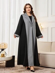 Al Najma Plus Size Casual Dragon & Phoenix Patchwork Lapel Collar Long Sleeve Loose Abaya, Suitable For Spring And Autumn - Multicolor - View 4
