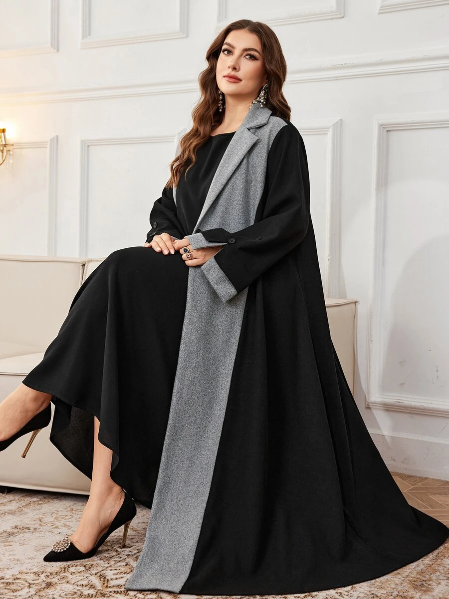 Al Najma Plus Size Casual Dragon & Phoenix Patchwork Lapel Collar Long Sleeve Loose Abaya, Suitable For Spring And Autumn - Multicolor - View 1