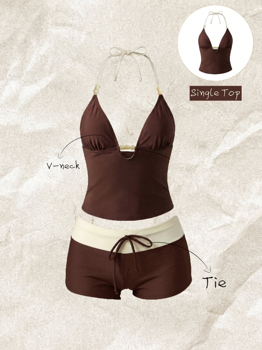 Elavelle Women's Spring/Summer Solid Color Spaghetti Strap Beaded Decor Tank Top Bikini Set - Brown - View 1