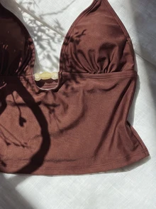 Elavelle Women's Spring/Summer Solid Color Spaghetti Strap Beaded Decor Tank Top Bikini Set - Brown - View 7