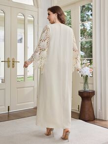 Al Najma Plus Size Women Loose Hollow-Out, Flare Sleeve, Handmade Front Panel, Hollow Lace Long Sleeve Loose 3D Floral Dress, Arabic Style - Apricot - View 2
