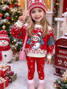 Young Girls Christmas Snowman Snowflake Print Sweatshirt & Leggings Set, Red White Holiday Cozy Wear, 2 Pcs - Multicolor - View 1