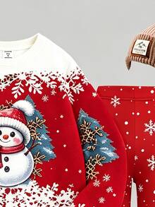 Young Girls Christmas Snowman Snowflake Print Sweatshirt & Leggings Set, Red White Holiday Cozy Wear, 2 Pcs - Multicolor - View 7