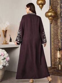 Al Najma Muslim Women Plus Size Embroidered Elegant Patchwork Ribbon Abaya Robe,Modest Turkish Stand Collar Long Sleeve Loose Kaftan,Summer Wedding Al-Adha - Red - View 2