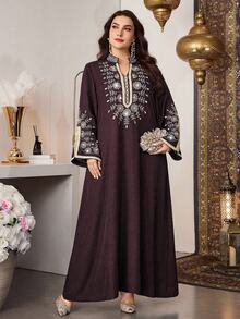 Al Najma Muslim Women Plus Size Embroidered Elegant Patchwork Ribbon Abaya Robe,Modest Turkish Stand Collar Long Sleeve Loose Kaftan,Summer Wedding Al-Adha - Red - View 3