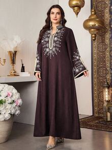 Al Najma Muslim Women Plus Size Embroidered Elegant Patchwork Ribbon Abaya Robe,Modest Turkish Stand Collar Long Sleeve Loose Kaftan,Summer Wedding Al-Adha - Red - View 6