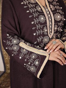Al Najma Muslim Women Plus Size Embroidered Elegant Patchwork Ribbon Abaya Robe,Modest Turkish Stand Collar Long Sleeve Loose Kaftan,Summer Wedding Al-Adha - Red - View 5