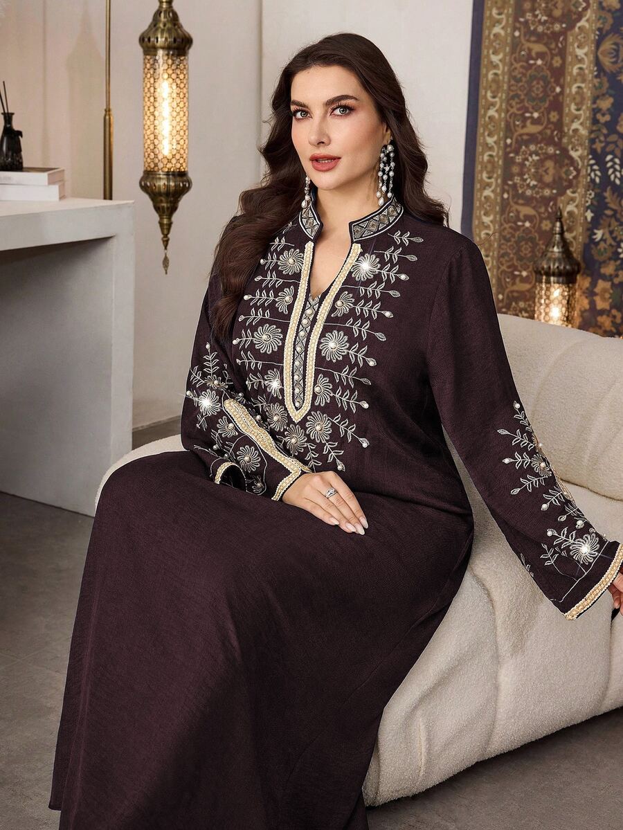 Al Najma Muslim Women Plus Size Embroidered Elegant Patchwork Ribbon Abaya Robe,Modest Turkish Stand Collar Long Sleeve Loose Kaftan,Summer Wedding Al-Adha - Red - View 1