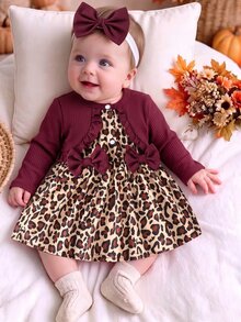 SHEIN 2Pcs Newborn Baby Girls Tutu Dress Set Sweet Elegant Burgundy Leopard Bow Ruffle Ribbed Long Sleeve Birthday Party Fall Dress Holiday Wedding Chic - Burgundy - View 1