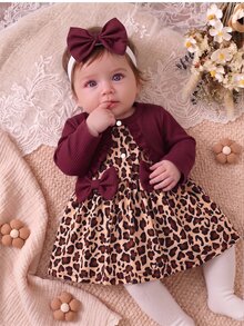 SHEIN 2Pcs Newborn Baby Girls Tutu Dress Set Sweet Elegant Burgundy Leopard Bow Ruffle Ribbed Long Sleeve Birthday Party Fall Dress Holiday Wedding Chic - Burgundy - View 8
