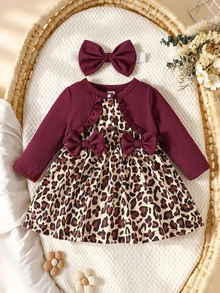 SHEIN 2Pcs Newborn Baby Girls Tutu Dress Set Sweet Elegant Burgundy Leopard Bow Ruffle Ribbed Long Sleeve Birthday Party Fall Dress Holiday Wedding Chic - Burgundy - View 9