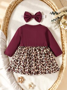 SHEIN 2Pcs Newborn Baby Girls Tutu Dress Set Sweet Elegant Burgundy Leopard Bow Ruffle Ribbed Long Sleeve Birthday Party Fall Dress Holiday Wedding Chic - Burgundy - View 2