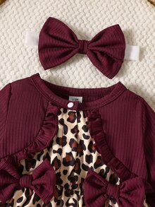 SHEIN 2Pcs Newborn Baby Girls Tutu Dress Set Sweet Elegant Burgundy Leopard Bow Ruffle Ribbed Long Sleeve Birthday Party Fall Dress Holiday Wedding Chic - Burgundy - View 4