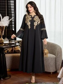 Al Najma Plus Size Women Arabic Style Elegant Floral Patchwork Long Loose Dress, Suitable For Spring And Autumn - Black - View 4