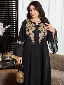 Al Najma Plus Size Women Arabic Style Elegant Floral Patchwork Long Loose Dress, Suitable For Spring And Autumn - Black - View 1