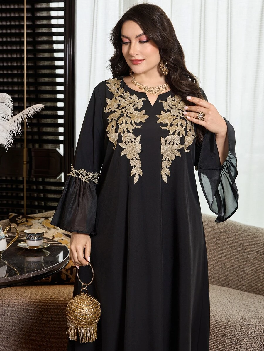 Al Najma Plus Size Women Arabic Style Elegant Floral Patchwork Long Loose Dress, Suitable For Spring And Autumn - Black - View 1